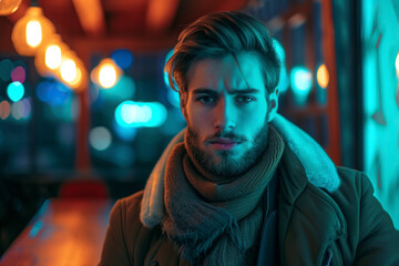 Fototapeta premium The portrait of a handsome guy looks uncertain. The man got dressed to go to a bar with a girl he met on a social network, but she didn't show up