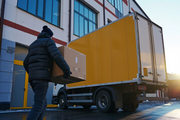 The warehouse receiver unloads the truck in front of the warehouse and carries a cardboard box with the delivered goods
