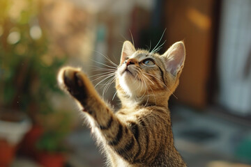 The energetic cat stands tall, reaching upward with concentrated intent