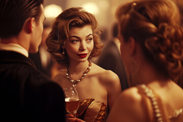 woman at a party talking to a guest and drinking a cocktail