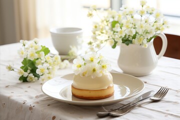 Obraz na płótnie Canvas Joyful easter brunch. cake, vibrant eggs, linen cloth and blossoming spring blooms