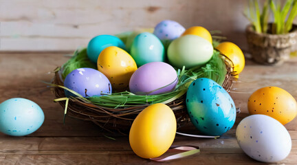 Obraz na płótnie Canvas Osternest mit bunt bemalten Eiern auf einem Holztisch. KI Generated