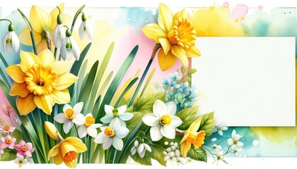 Banner featuring vibrant daffodils and spring flowers with a blank space for text.Greeting card for birthday. womens day, mother's day,Easter.