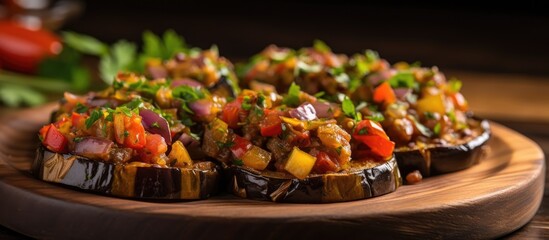 Close-up photo of Caponata, an Italian eggplant appetizer, on a wooden plate.