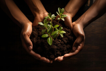 Person holding small plant in their hands. Suitable for environmental, gardening, and sustainability concepts.