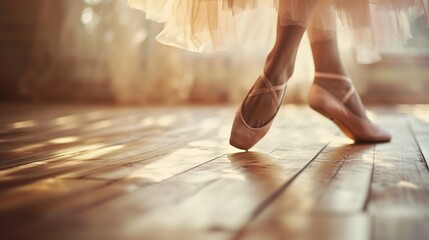 Ballet Pointe Shoes on feet on wooden floor background. Ballet Background, vintage style dancer...
