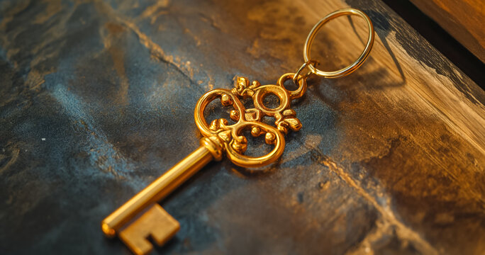 Old Golden Key on Black Grunge Background
