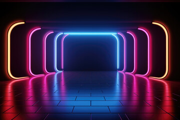 Picture of dark room illuminated by neon lights, with tiled floor. This image can be used to create mysterious or futuristic atmosphere.