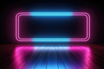 Neon frame on wooden floor in dark room. Perfect for adding modern touch to any interior design project.