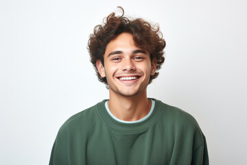 Young man with curly hair smiling at camera. Suitable for various uses.
