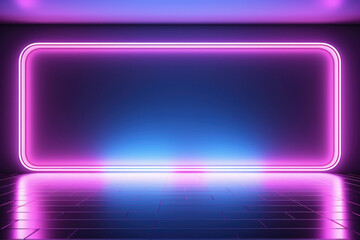 Neon frame illuminates dark room. Perfect for creating futuristic or edgy atmosphere in design projects.