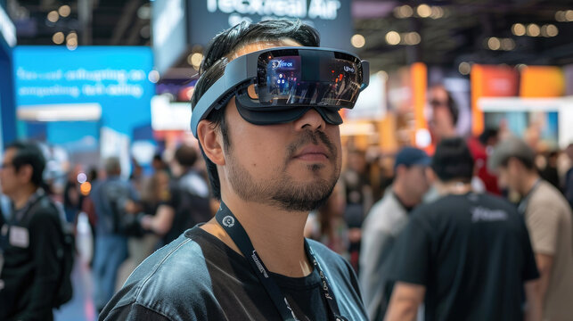 Tech enthusiast trying on VR glasses in a tech expo setting
