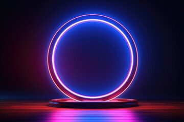 Neon circle on wooden surface. This image can be used for various design projects.