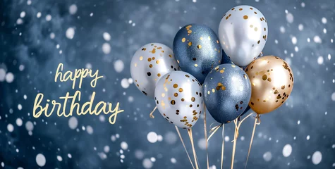 Foto op Canvas Birthday Balloons Background Design. Happy birthday to you text with balloon and confetti. Birthday celebration greeting card design.  © Viks_jin
