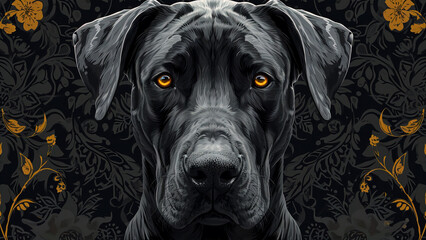 Obraz premium illustrated black labrador retriever with golden brown eyes on floral patterned background