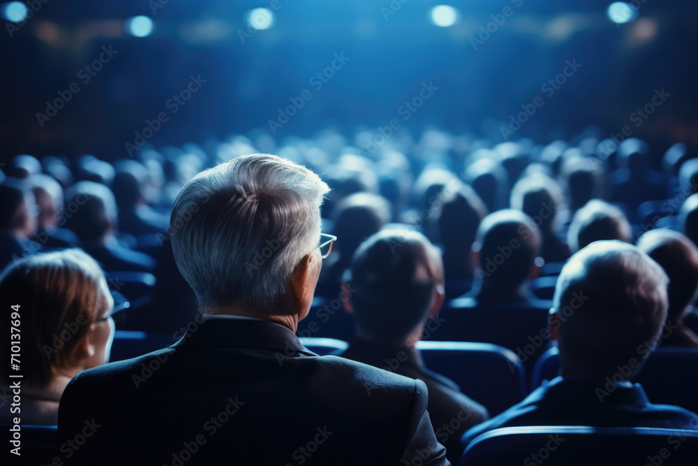 Poster man dressed in suit is seated in front of large group of people. this image can be used to illustrat