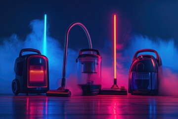 A group of vacuums sitting on top of a wooden floor. Ideal for showcasing cleaning tools and equipment. - obrazy, fototapety, plakaty