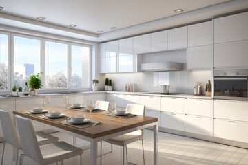 Spacious modern kitchen interior in white with large window offering skyline view and sunrise