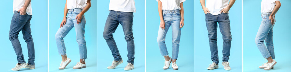 Collage of young man and woman in stylish jeans pants on blue background - obrazy, fototapety, plakaty