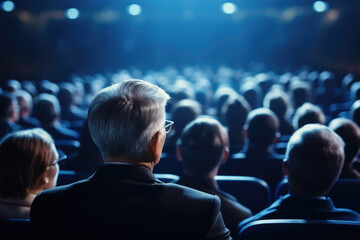 Man dressed in suit is seated in front of large group of people. This image can be used to...