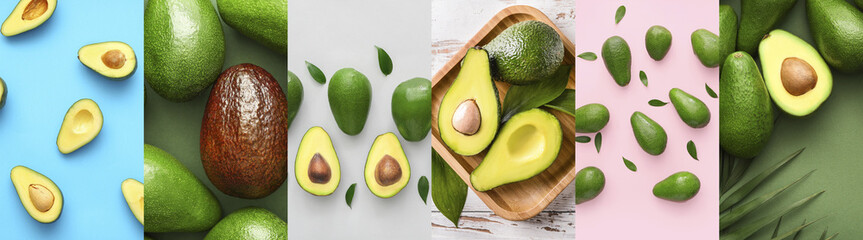 Set of fresh green avocados on color background