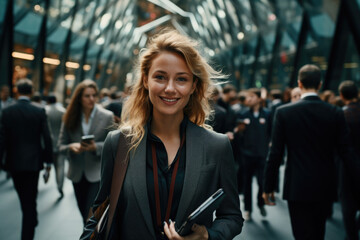 Professional woman in business suit confidently holds cell phone. This versatile image can be used to represent communication, technology, business, or modern lifestyle concepts.