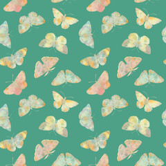 abstract watercolor seamless pattern, delicate butterflies hand drawn illustration on green background