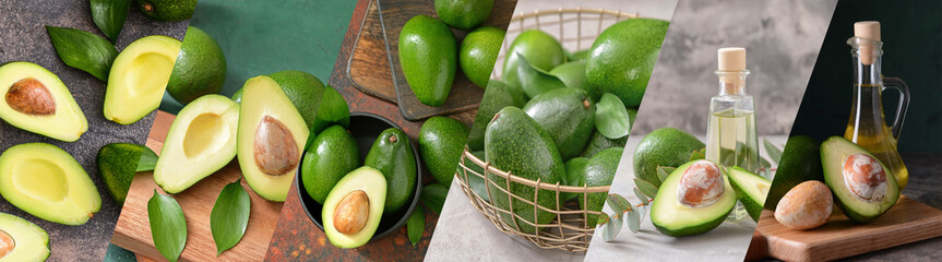Set of fresh green avocados and bottles of oil