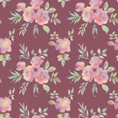 Fotobehang watercolor seamless pattern, peony flowers with leaves, hand drawn illustration on purple background © Sergei