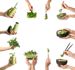  Frame made of hands holding green vegetables, herbs. healthy smoothie and salads on white...