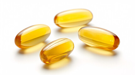 Vitamin E capsules isolated on white background. Antioxidant, radical scavenger, enzyme activity regulator for health and wellness.