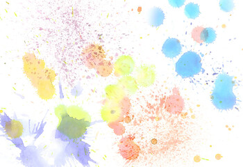 splashes and spots of multi-colored watercolor paint on white paper, colorful abstract background for design