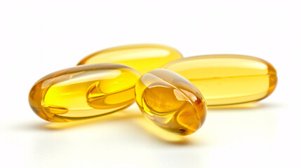 Vitamin E capsules isolated on white background. Antioxidant, radical scavenger, enzyme activity regulator for health and wellness.