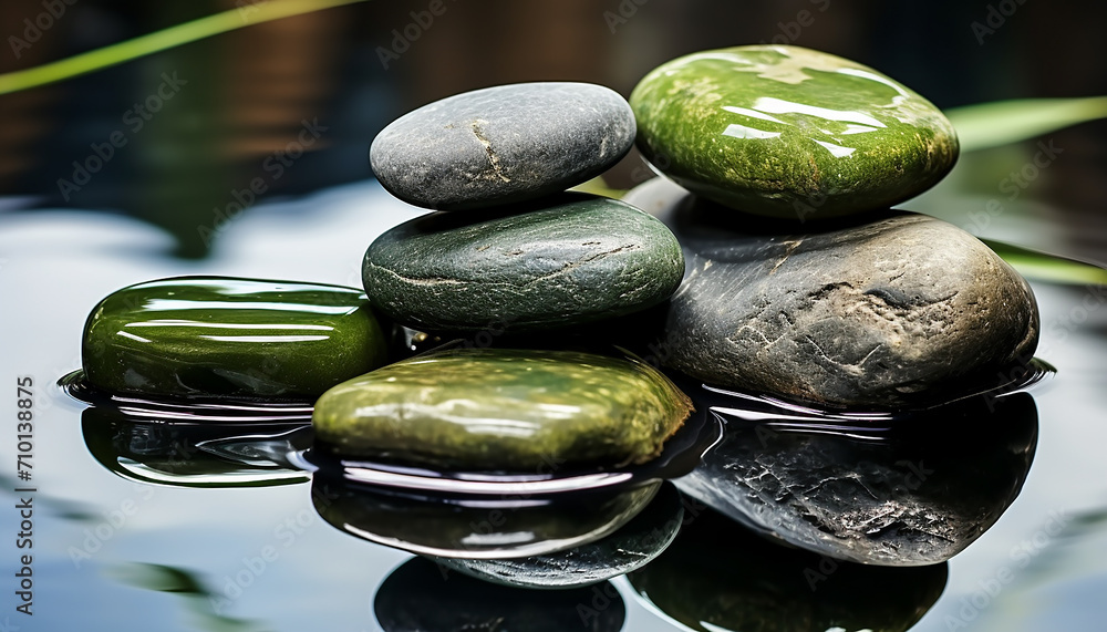 Poster tranquil scene, reflection of green pebble in water generated by ai