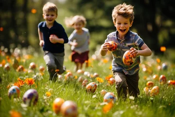 Sierkussen Joyful kids hunting easter eggs in a beautiful meadow surrounded by lush greenery © Mikki Orso