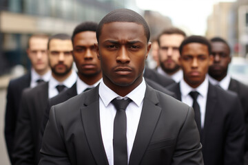 Professional man in suit and tie standing confidently in front of group of other men. Suitable for business and leadership concepts. - obrazy, fototapety, plakaty