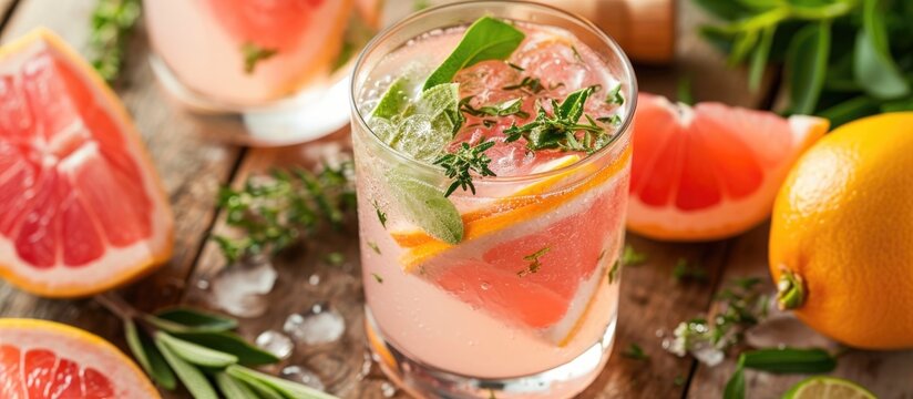 Blush citrus and herb cocktail on a wooden table