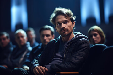 Obraz premium Man sitting in front of crowd of people. Suitable for business presentations and public speaking events.