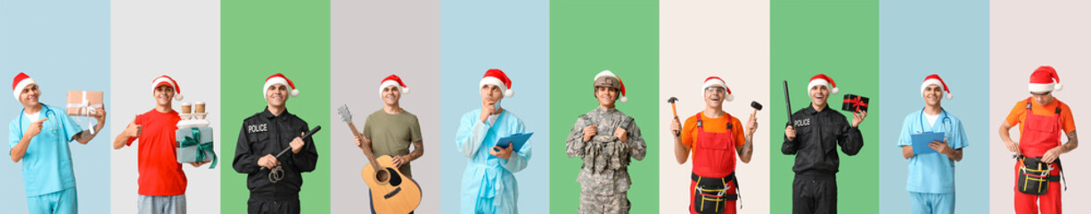 Collage of young man in uniforms of different professions on color background. Happy New Year and Christmas celebration - obrazy, fototapety, plakaty