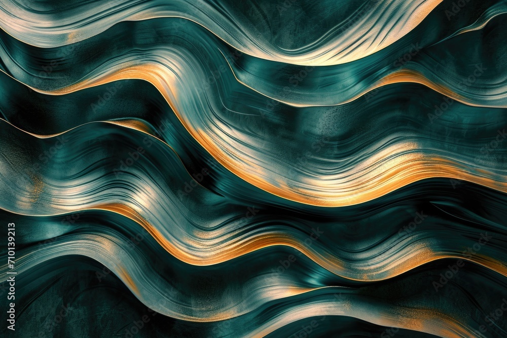 Poster A close-up view of a wavy pattern in shades of green and gold. This image can be used for various design projects