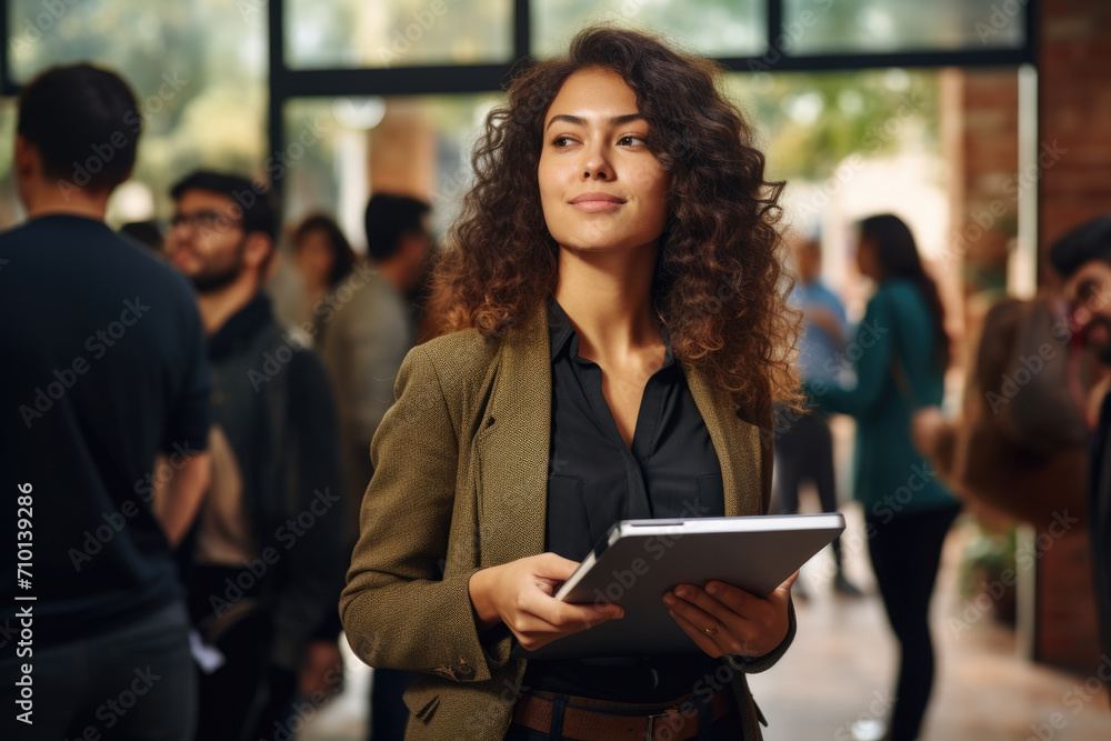 Poster woman is seen holding tablet in crowded area. this image can be used to depict technology usage in b