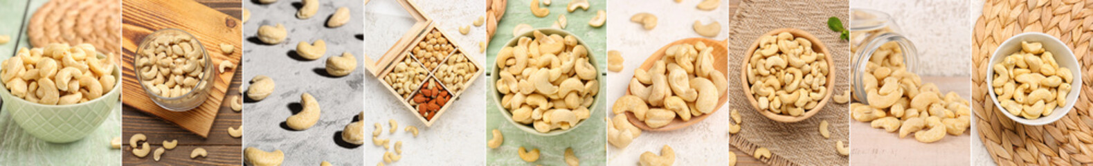 Collage of healthy cashew nuts - obrazy, fototapety, plakaty