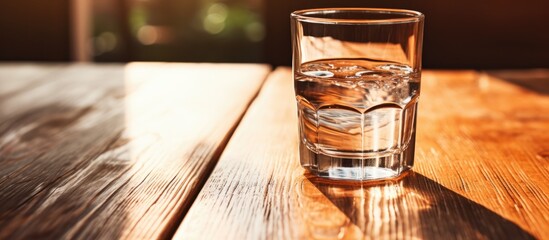 Closeup of water glass on table. - obrazy, fototapety, plakaty