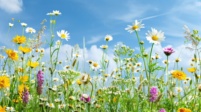 Colorful wildflowers in picturesque field under clear blue sky. Perfect for nature and outdoor-themed projects.