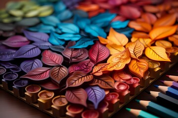Vibrant colored pencils neatly arranged on a ruled notebook, creating a mesmerizing pattern - obrazy, fototapety, plakaty