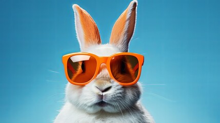 A stylish rabbit in sunglasses on a blue background. - obrazy, fototapety, plakaty