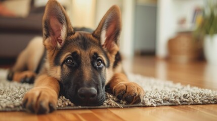 Photo of a cute German Shepherd puppy lying at home