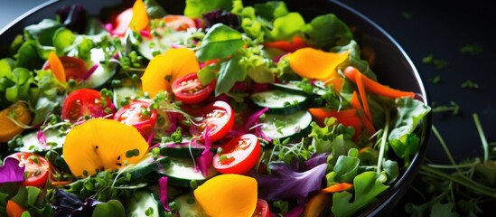 Mixed greens and vegetables in a salad.