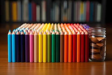 Vibrant colored pencils neatly arranged on a desk with a ruler and eraser in the center - obrazy, fototapety, plakaty