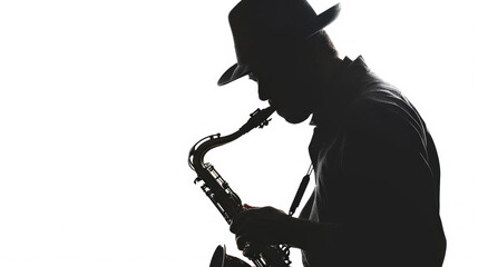 Silhouette of man playing saxophone. Perfect for jazz enthusiasts and music-themed designs. - obrazy, fototapety, plakaty